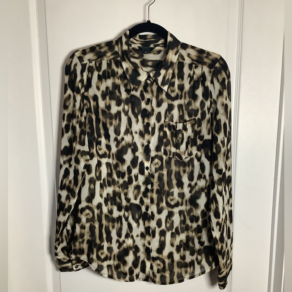 Guess sheer leopard print button up blouse